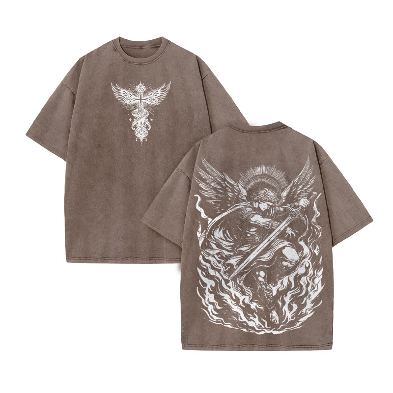 The Angel Is Surrounded By Flame Print Acid Washed T-shirt - Coffee - US20-22(3XL) - image 6