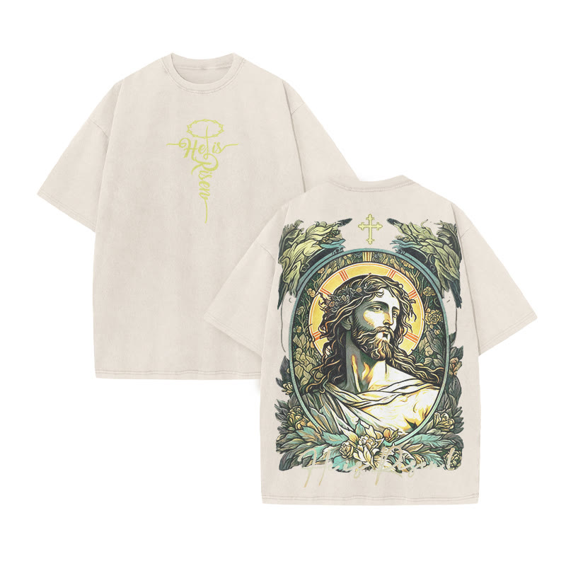 He Is Risen Jesus Print Acid Washed T-shirt - Beige - US20-22(3XL) - image 3
