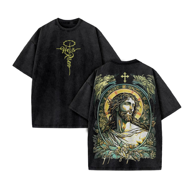 He Is Risen Jesus Print Acid Washed T-shirt - Black - US20-22(3XL) - image 2
