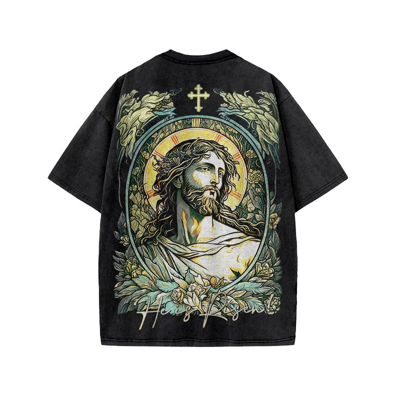 He Is Risen Jesus Print Acid Washed T-shirt - image 1