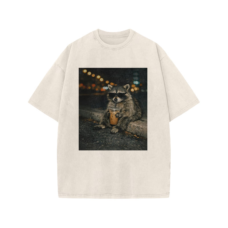 Raccoon Wearing Sunglasses Drinking Coffee Funny Print Acid Washed T-shirt - Beige - US20-22(3XL) - image 2