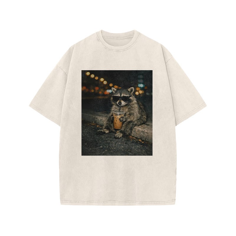 Raccoon Wearing Sunglasses Drinking Coffee Funny Print Acid Washed T-shirt - Beige - US20-22(3XL) - image 2
