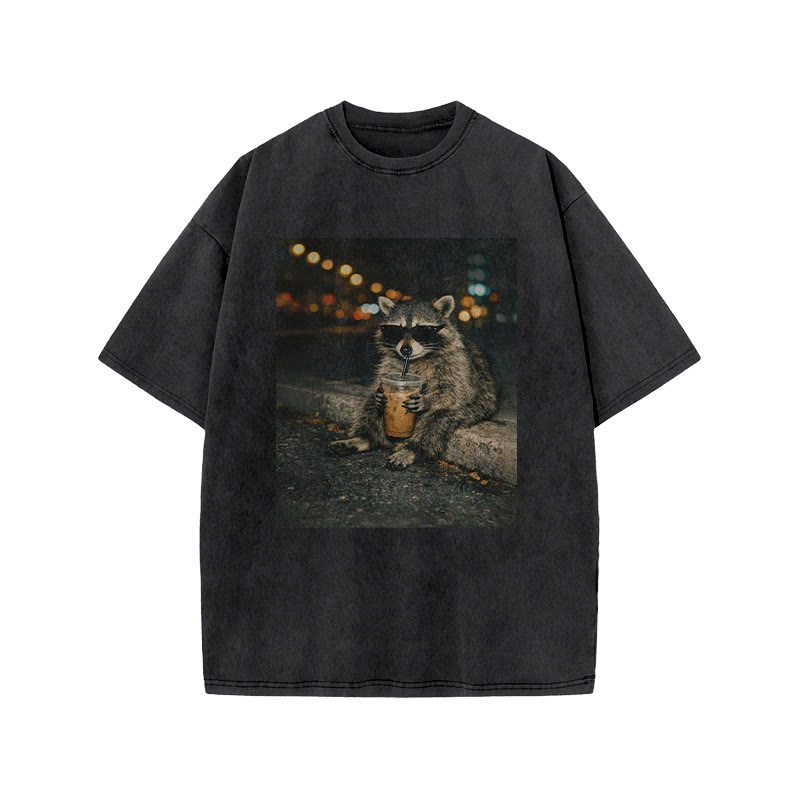 Raccoon Wearing Sunglasses Drinking Coffee Funny Print Acid Washed T-shirt - Black - US20-22(3XL) - image 1