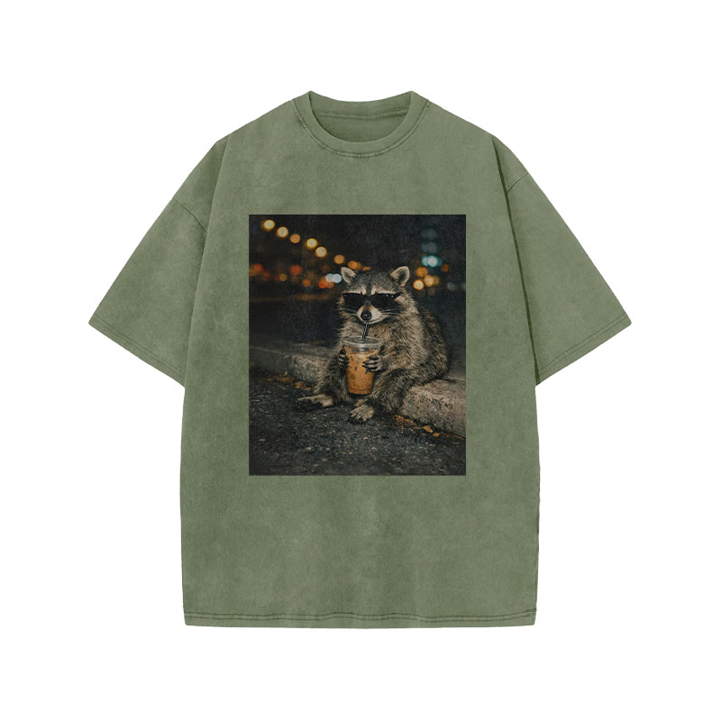 Raccoon Wearing Sunglasses Drinking Coffee Funny Print Acid Washed T-shirt - Army Green - US20-22(3XL) - image 5