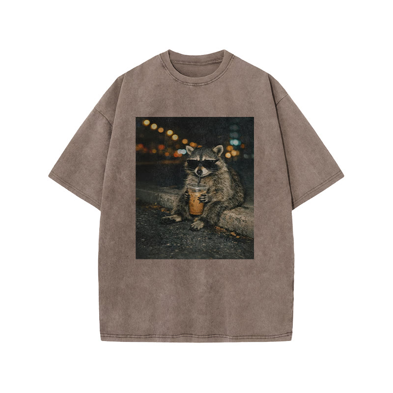 Raccoon Wearing Sunglasses Drinking Coffee Funny Print Acid Washed T-shirt - Coffee - US20-22(3XL) - image 3