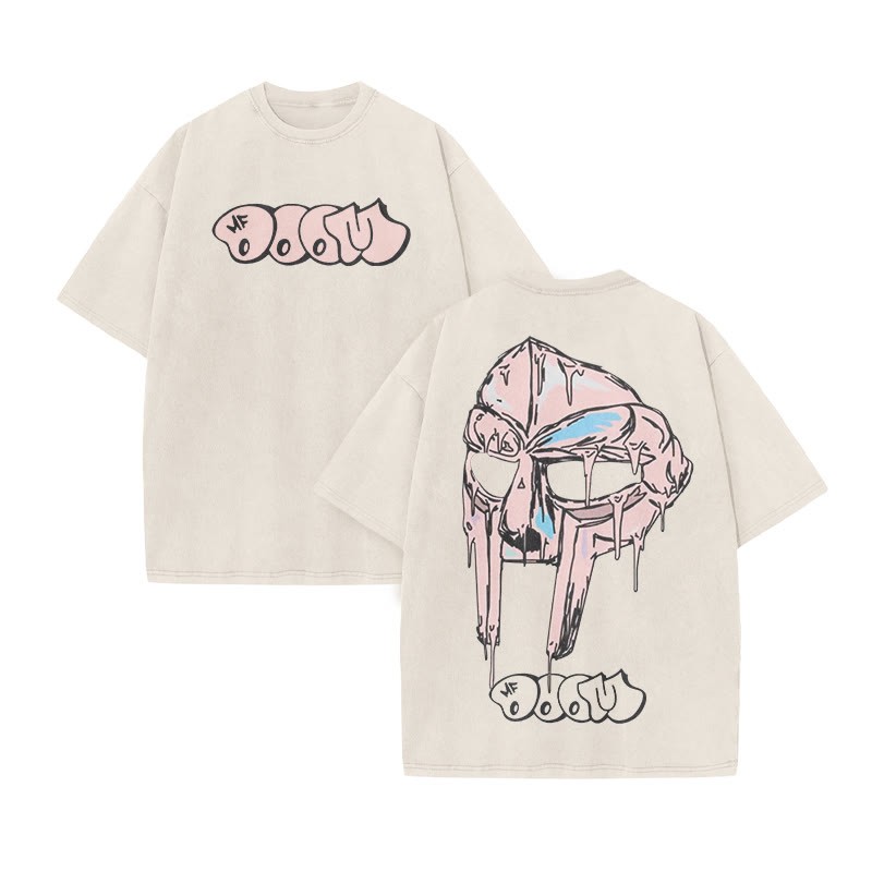 Melted Metal Mask Print Acid Washed T-shirt - Beige - US20-22(3XL) - image 3
