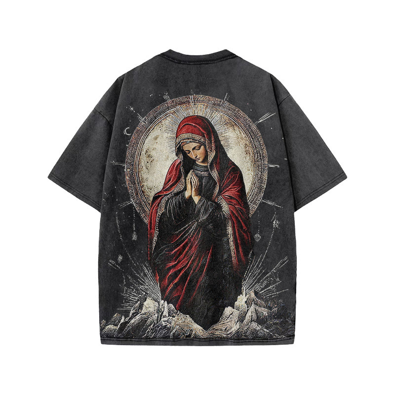 Virgin Mary Religious Streetwear Print Acid Washed T-shirt - image 1