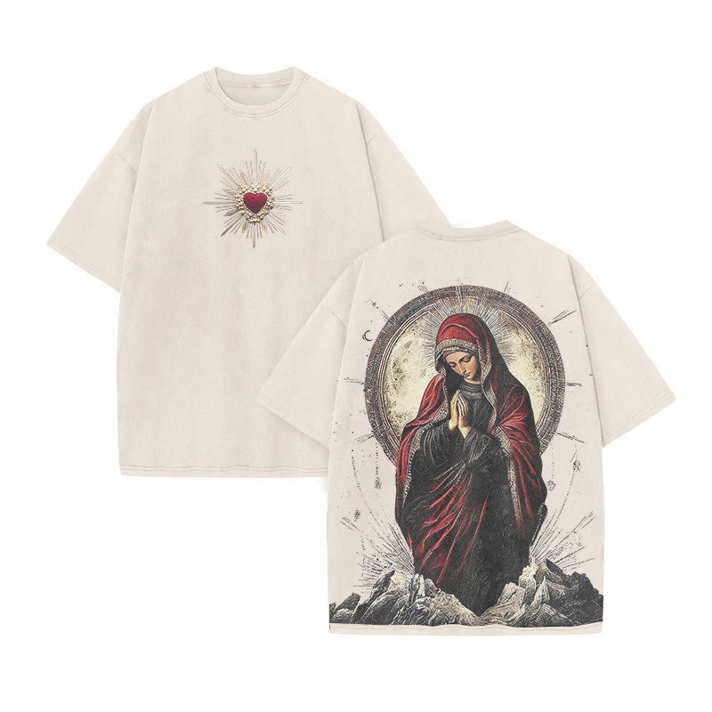 Virgin Mary Religious Streetwear Print Acid Washed T-shirt - Beige - US20-22(3XL) - image 3