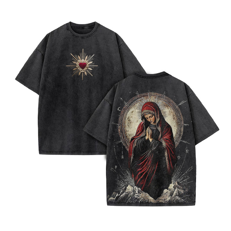 Virgin Mary Religious Streetwear Print Acid Washed T-shirt - Black - US20-22(3XL) - image 2