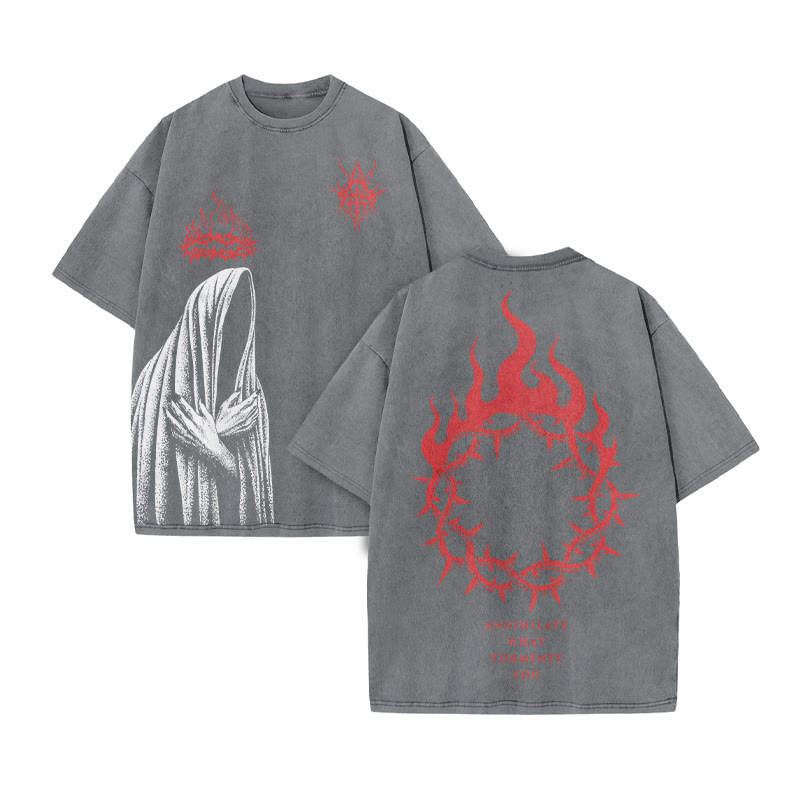 Annihilate What Torments You Print Acid Washed T-shirt - Grey - US20-22(3XL) - image 4