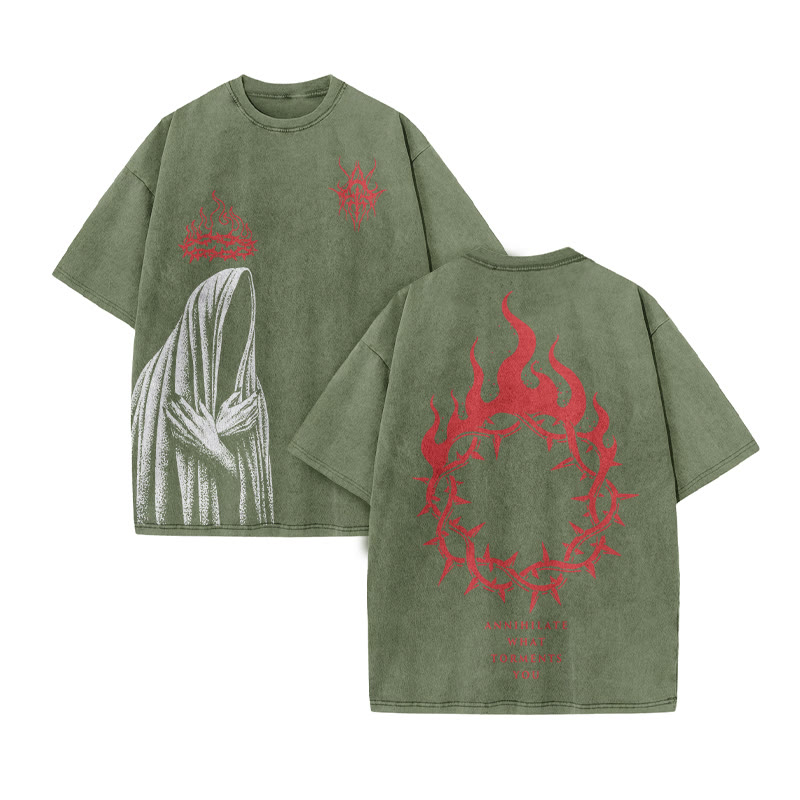 Annihilate What Torments You Print Acid Washed T-shirt - Army Green - US20-22(3XL) - image 6
