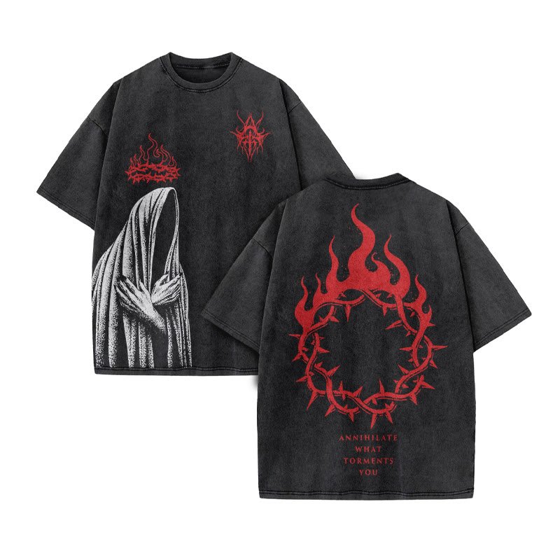 Annihilate What Torments You Print Acid Washed T-shirt - Black - US20-22(3XL) - image 2