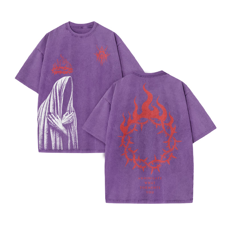 Annihilate What Torments You Print Acid Washed T-shirt - Purple - US20-22(3XL) - image 9