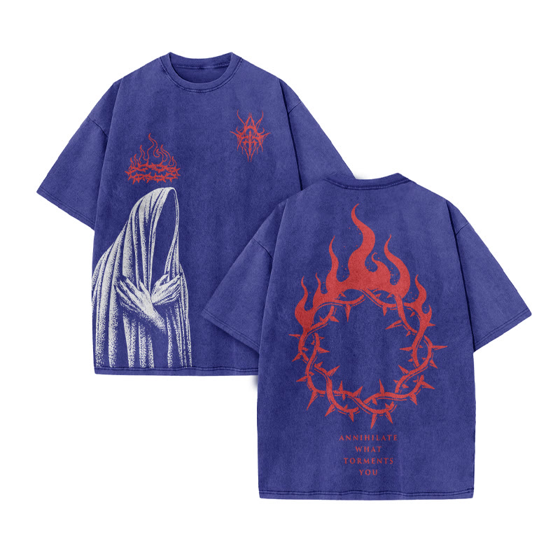 Annihilate What Torments You Print Acid Washed T-shirt - Blue - US20-22(3XL) - image 10