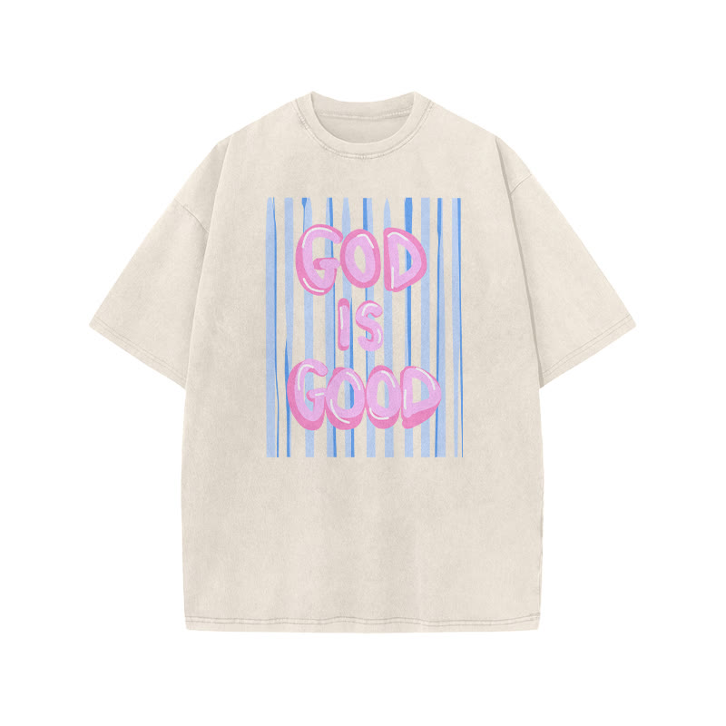 God Is God Oil Painting Print Acid Washed T-shirt - Beige - US20-22(3XL) - image 3