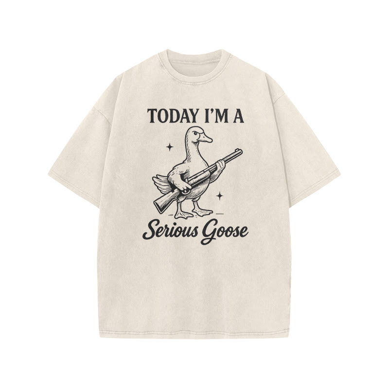 Today I'm A Serious Goose Print Acid Washed T-shirt - Beige - US20-22(3XL) - image 2