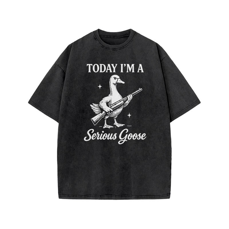 Today I'm A Serious Goose Print Acid Washed T-shirt - Black - US20-22(3XL) - image 1
