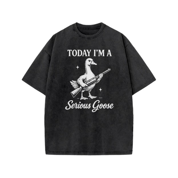 Today I'm A Serious Goose Print Acid Washed T-shirt - Black - US20-22(3XL) - image 1