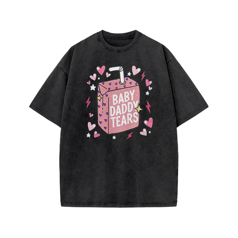 Baby Daddy Tears Print Acid Washed T-shirt - Black - US20-22(3XL) - image 2
