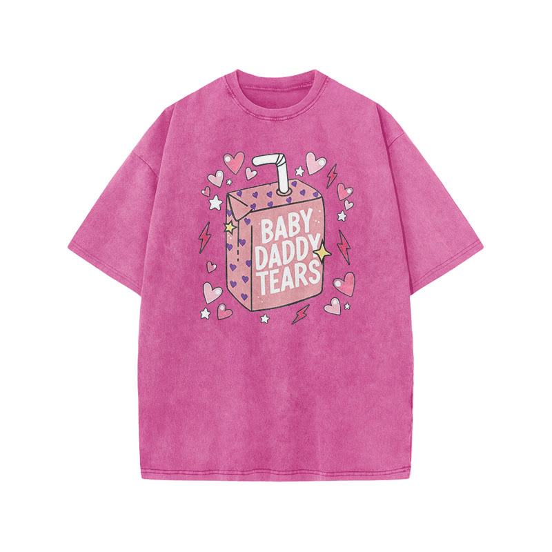 Baby Daddy Tears Print Acid Washed T-shirt - Pink - US20-22(3XL) - image 1