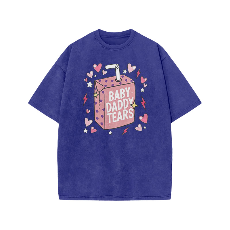 Baby Daddy Tears Print Acid Washed T-shirt - Blue - US20-22(3XL) - image 8