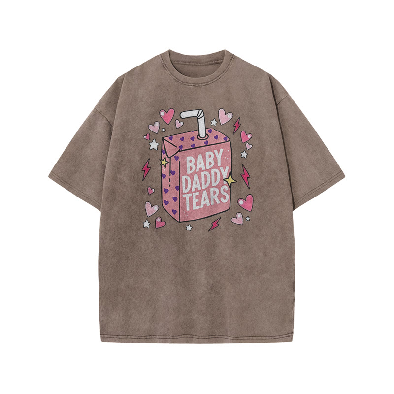 Baby Daddy Tears Print Acid Washed T-shirt - Coffee - US20-22(3XL) - image 5