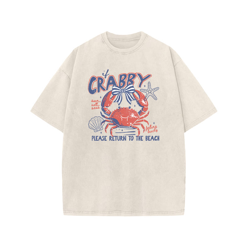 If Crabby Please Return To The Beach Print Acid Washed T-shirt - Beige - US20-22(3XL) - image 2