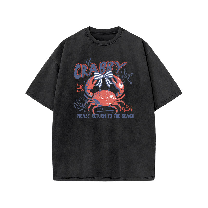 If Crabby Please Return To The Beach Print Acid Washed T-shirt - Black - US20-22(3XL) - image 1