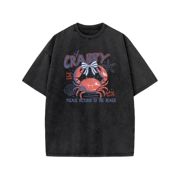 If Crabby Please Return To The Beach Print Acid Washed T-shirt - Black - US20-22(3XL) - image 1