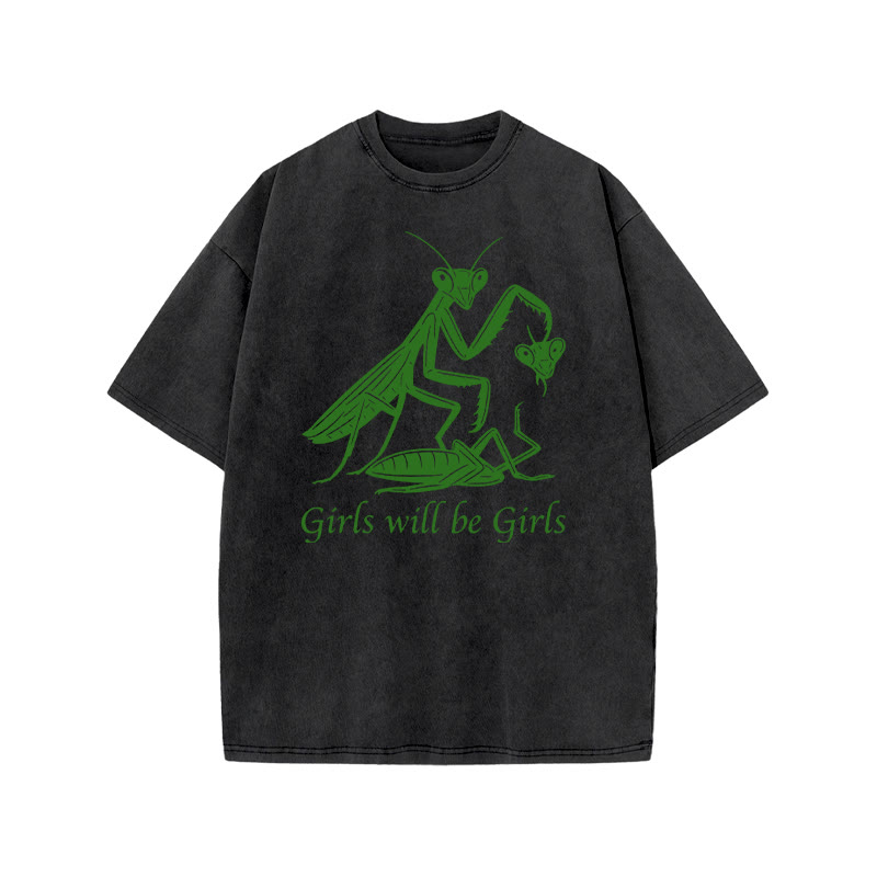 Girls Will Be Girls Print Acid Washed T-shirt - Black - US20-22(3XL) - image 2