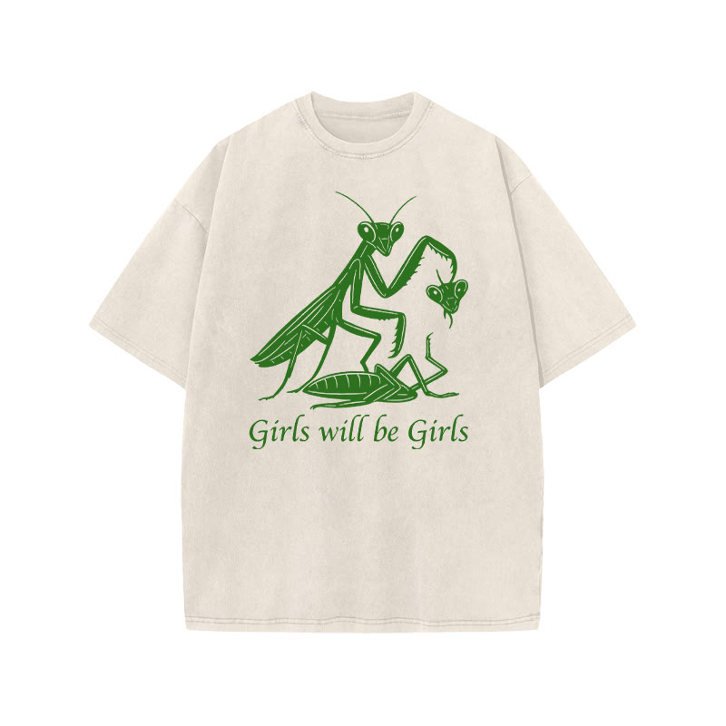 Girls Will Be Girls Print Acid Washed T-shirt - Beige - US20-22(3XL) - image 1