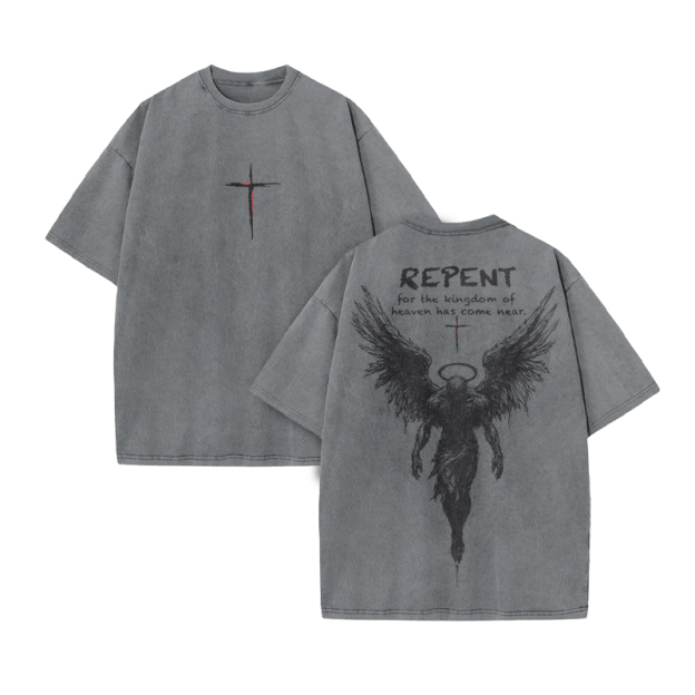 Repent For The Kingdom Of Heaven Has Come Near Print Acid Washed T-shirt - Grey - US20-22(3XL) - image 2