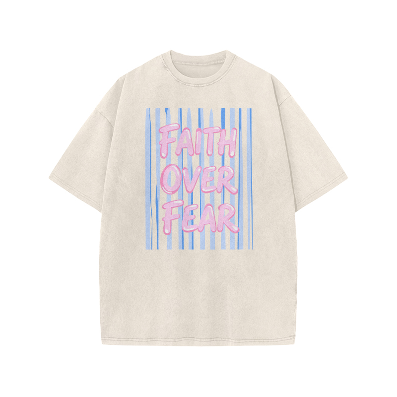 Faith Over Fear Stripe Print Acid Washed T-shirt - Beige - US20-22(3XL) - image 2