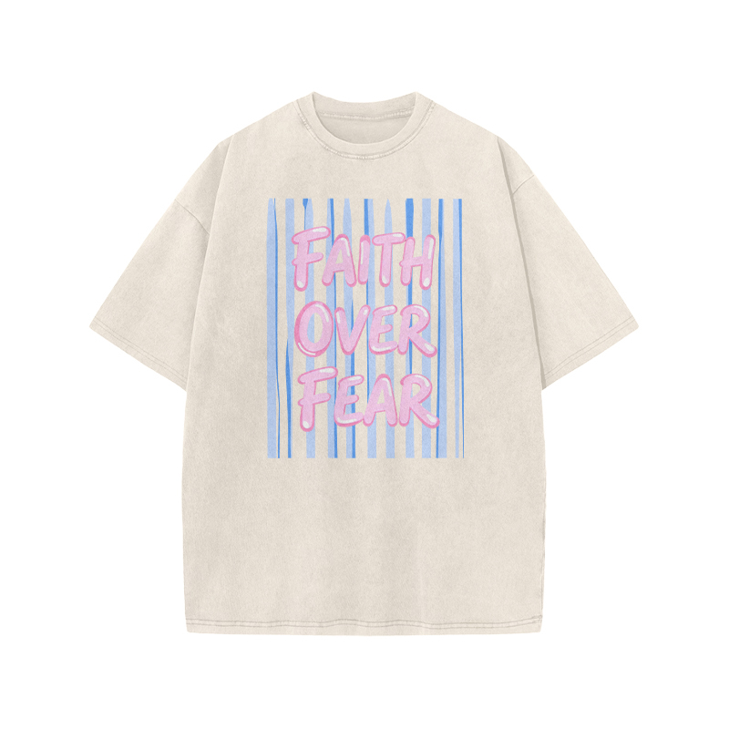 Faith Over Fear Stripe Print Acid Washed T-shirt - Beige - US20-22(3XL) - image 2