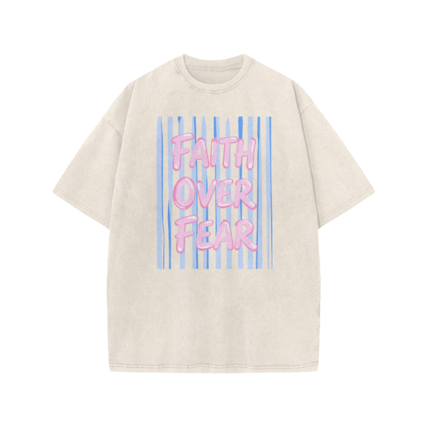 Faith Over Fear Stripe Print Acid Washed T-shirt - Beige - US20-22(3XL) - image 2