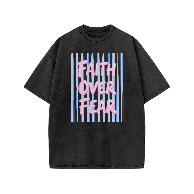 Faith Over Fear Stripe Print Acid Washed T-shirt - Black - US20-22(3XL) - image 1