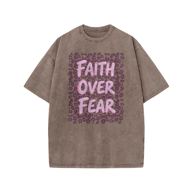 Faith Over Fear Leopard Print Acid Washed T-shirt - Coffee - US20-22(3XL) - image 2