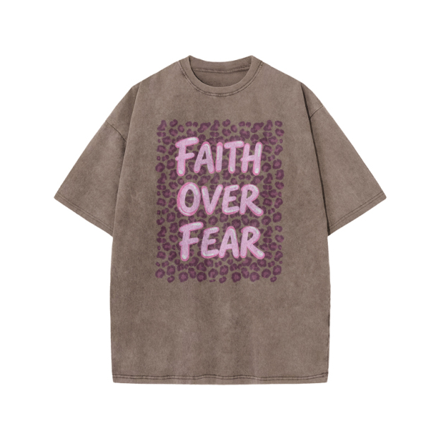 Faith Over Fear Leopard Print Acid Washed T-shirt - Coffee - US20-22(3XL) - image 2