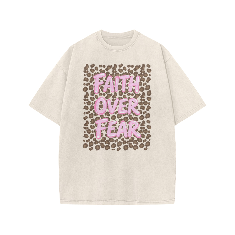 Faith Over Fear Leopard Print Acid Washed T-shirt - Beige - US20-22(3XL) - image 1