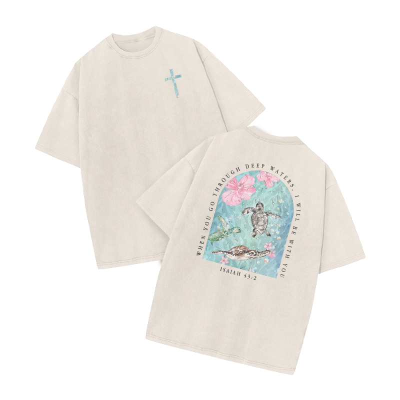 When You Go Through Deep Waters, I Will Be With You Print Acid Washed T-shirt - Beige - US20-22(3XL) - image 2