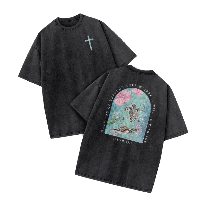 When You Go Through Deep Waters, I Will Be With You Print Acid Washed T-shirt - Black - US20-22(3XL) - image 1