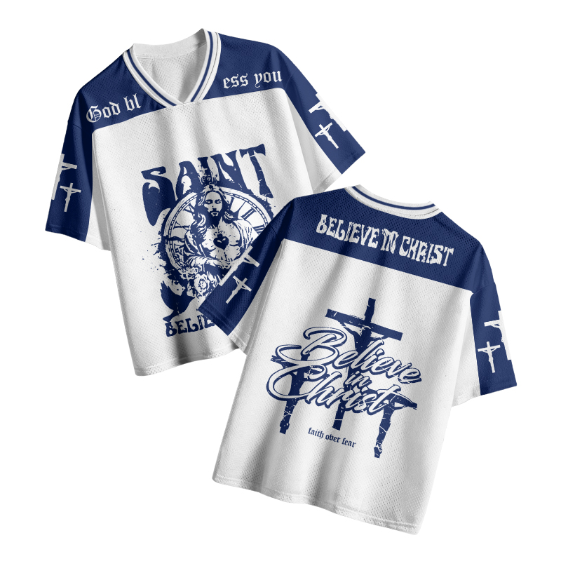 Believe In Christ Print Mesh Jersey - Navy Blue - 8XL - image 1