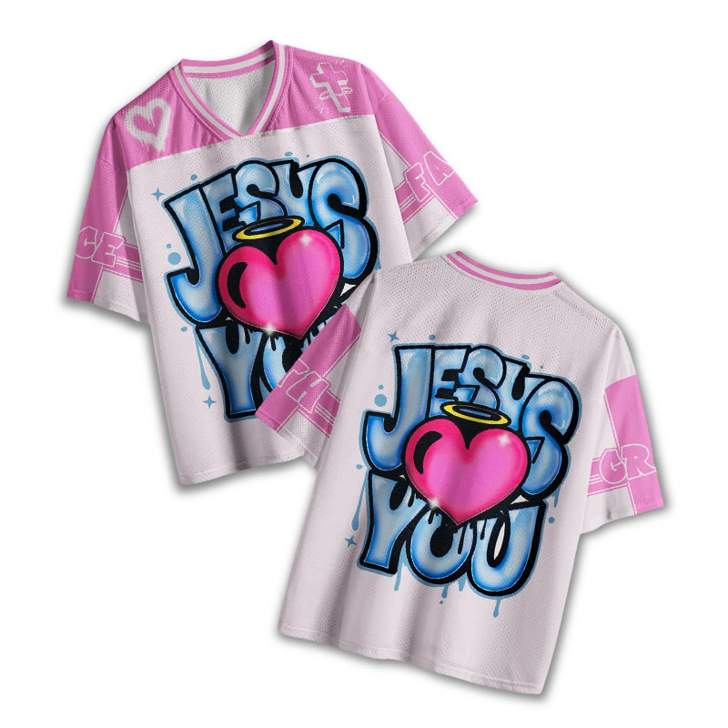 Jesus Loves You Heart Print Mesh Jersey - Pink - 4XL - image 1