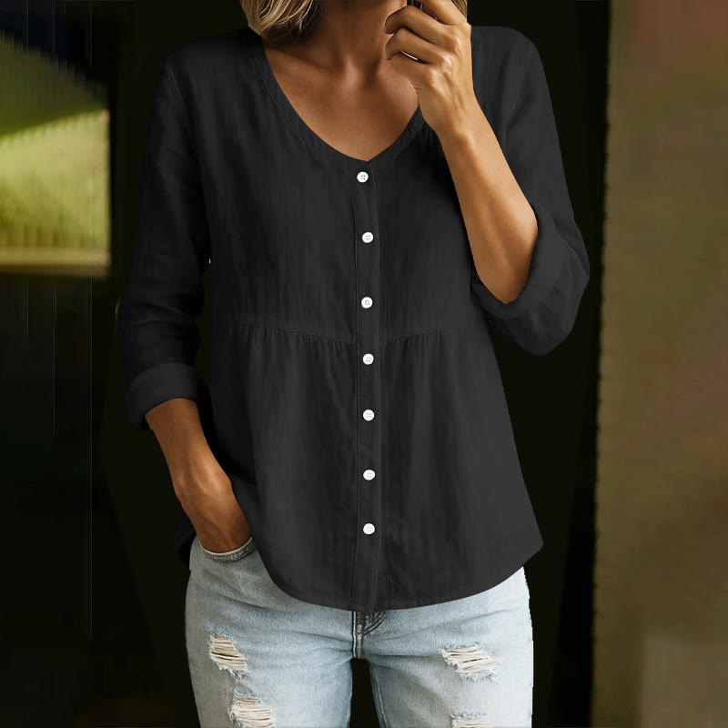 Cozy Solid Button V-neck A-line Long Sleeve Blouse - Black - 4XL - image 2