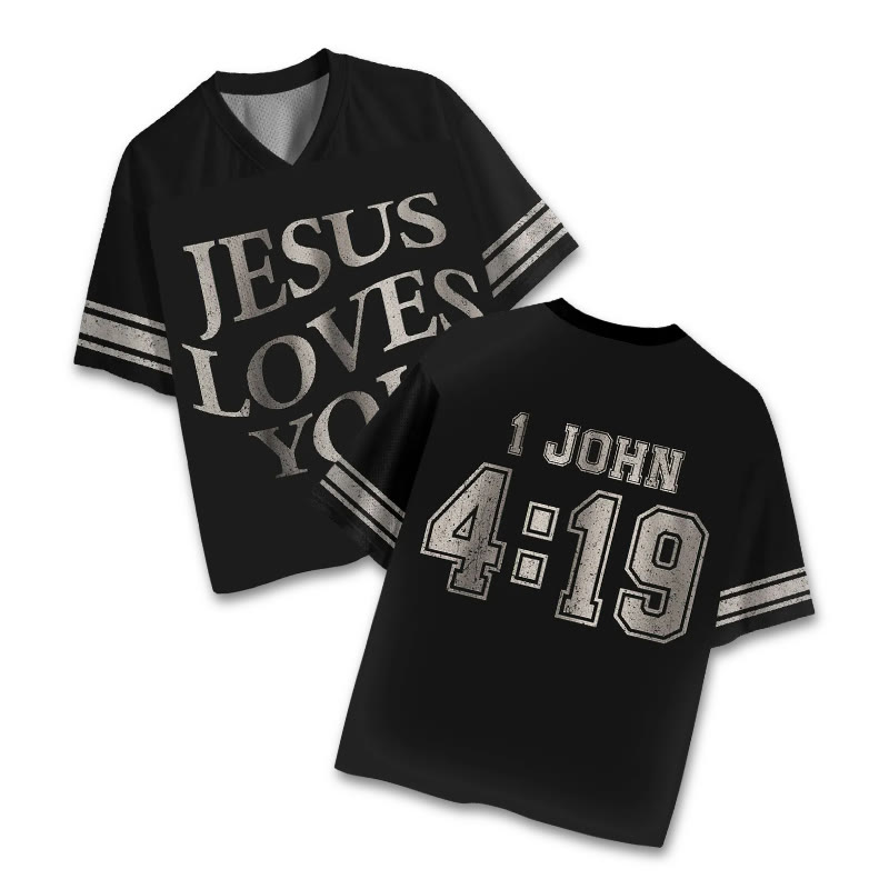 Jesus Loves You 1 John 4:19 Print Mesh Jersey - Black - 4XL - image 1
