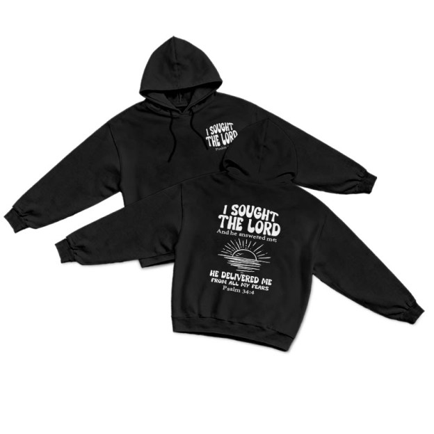 I Sought The Lord And He Answered Me He Delivered Me From All My Fears Print Hoodie - Black - US16-18(2XL) - image 1