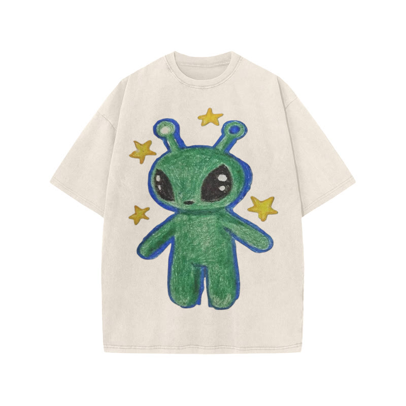 Cute Alien Print Acid Washed T-shirt - Beige - US20-22(3XL) - image 2