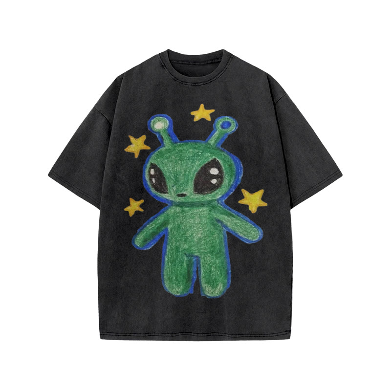 Cute Alien Print Acid Washed T-shirt - Black - US20-22(3XL) - image 1