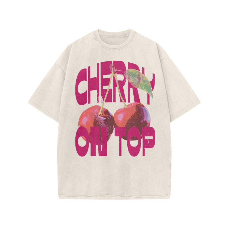 Cherry On Top Print Acid Washed T-shirt - Beige - US20-22(3XL) - image 2