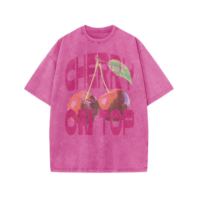 Cherry On Top Print Acid Washed T-shirt - Pink - US20-22(3XL) - image 1